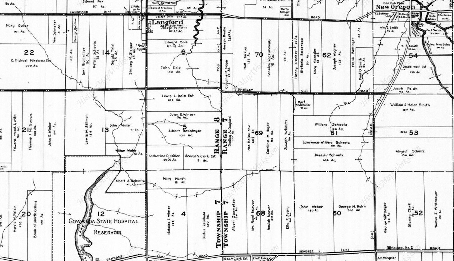 1938 parcel map of the Langford / New Oregon area, showing period landowners.