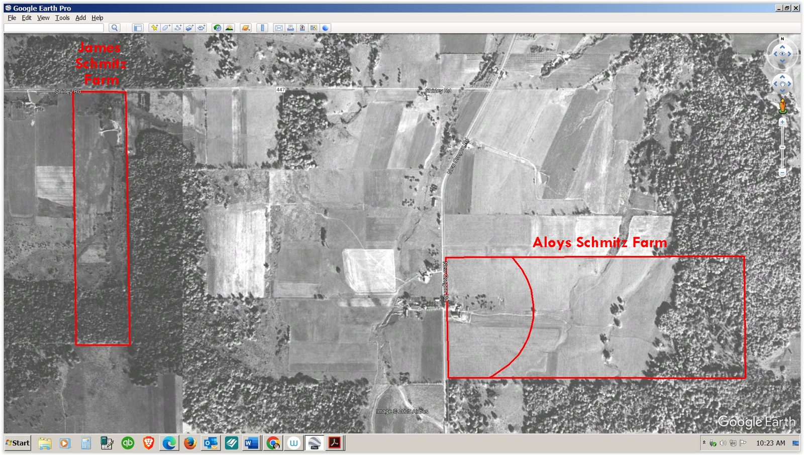 Annotated aerial photograph of the crash-site farms