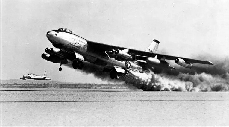 B-47 Stratojet taking off with a JATO smoke trail