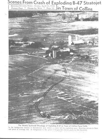 Buffalo Evening News front page, April 11, 1958: "Scenes From Crash of Exploding B-47 Stratojet in Town of Collins"